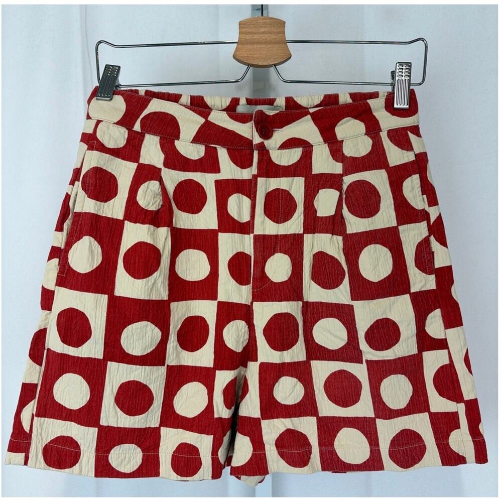 THINKING MU Pleated Hi Rise Shorts Zip Fly Pockets Cotton Geometric Orange 36 4